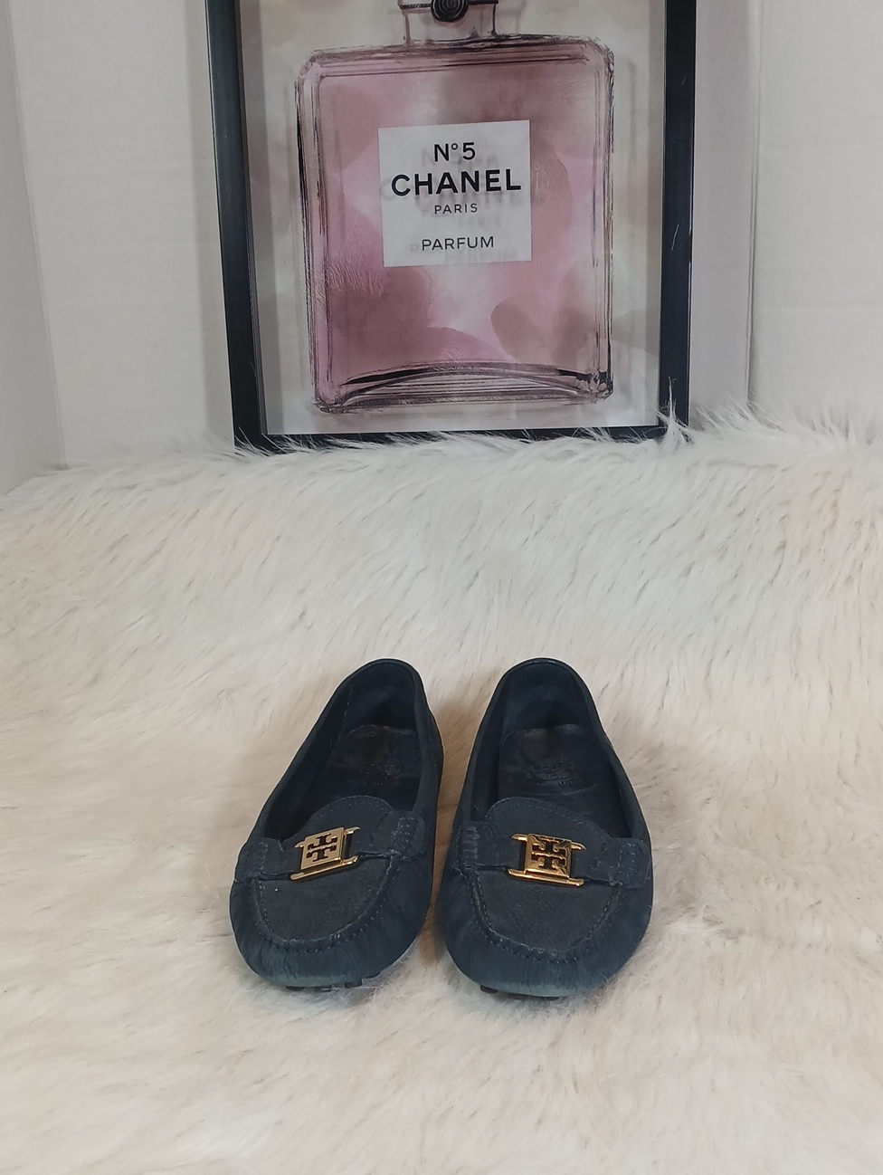 Tory Burch Navy Suede Gold-Logo Driving Loafers Sz 9m Women's